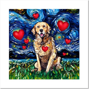 Golden Retriever Night with Hearts Posters and Art